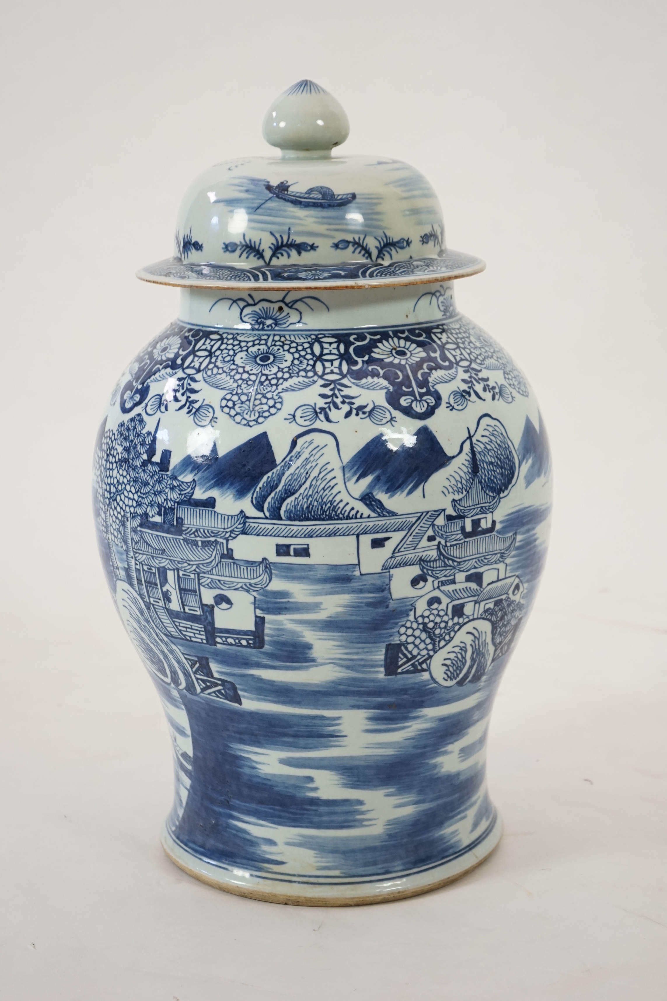 A massive Chinese blue and white ‘temple’ jar and cover, Qianlong period